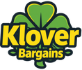A stylized green shamrock logo with the words 'Klover Bargains' in large yellow text outlined in black, centered on a plain white background.